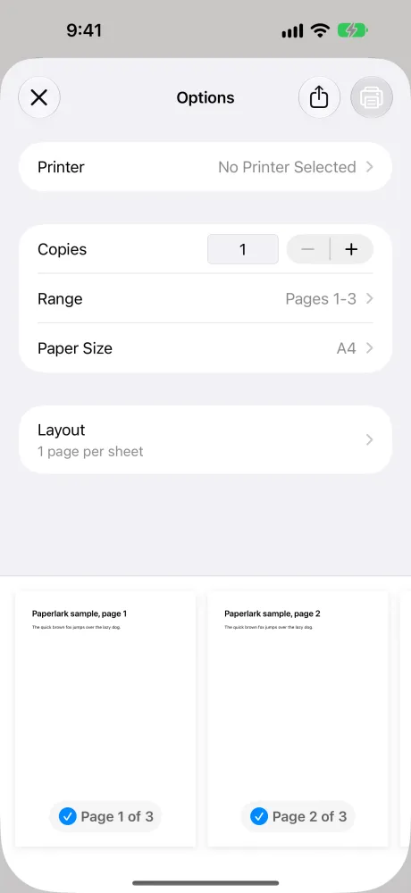 The iOS print screen with Printer, Copies, Range, Paper Size and Layout rows, as it opened in the Paperlark app test on an iOS 27 simulator on October 27, 2026. No printer was connected, so the Printer row shows No Printer Selected.