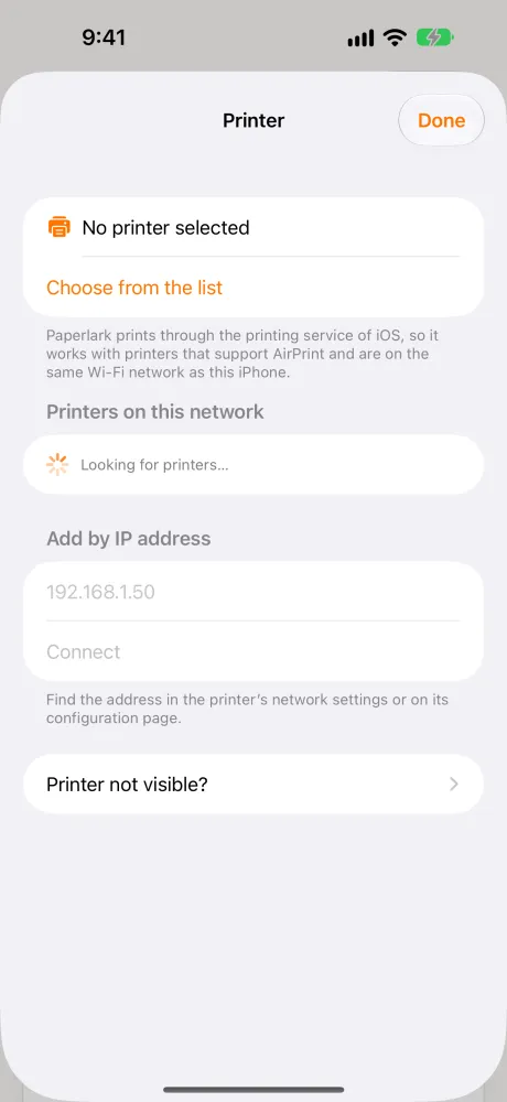 Paperlark Printer screen with the AirPrint note, the search for printers on this network, the Add by IP address field and the link to Printer not visible. Frame from the app test on an iOS 27 simulator, October 27, 2026.