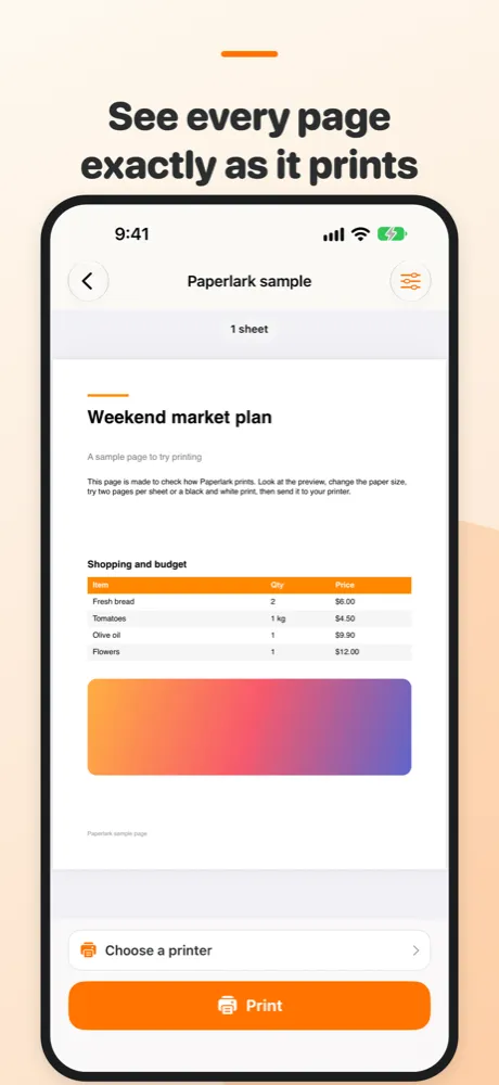 Paperlark preview of a sample page before printing, with the number of sheets at the top and the printer and Print buttons below. App Store screenshot, October 27, 2026.